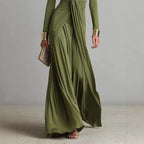 Olive Green Deep V-neck Pleated Glamorous Maxi Dress