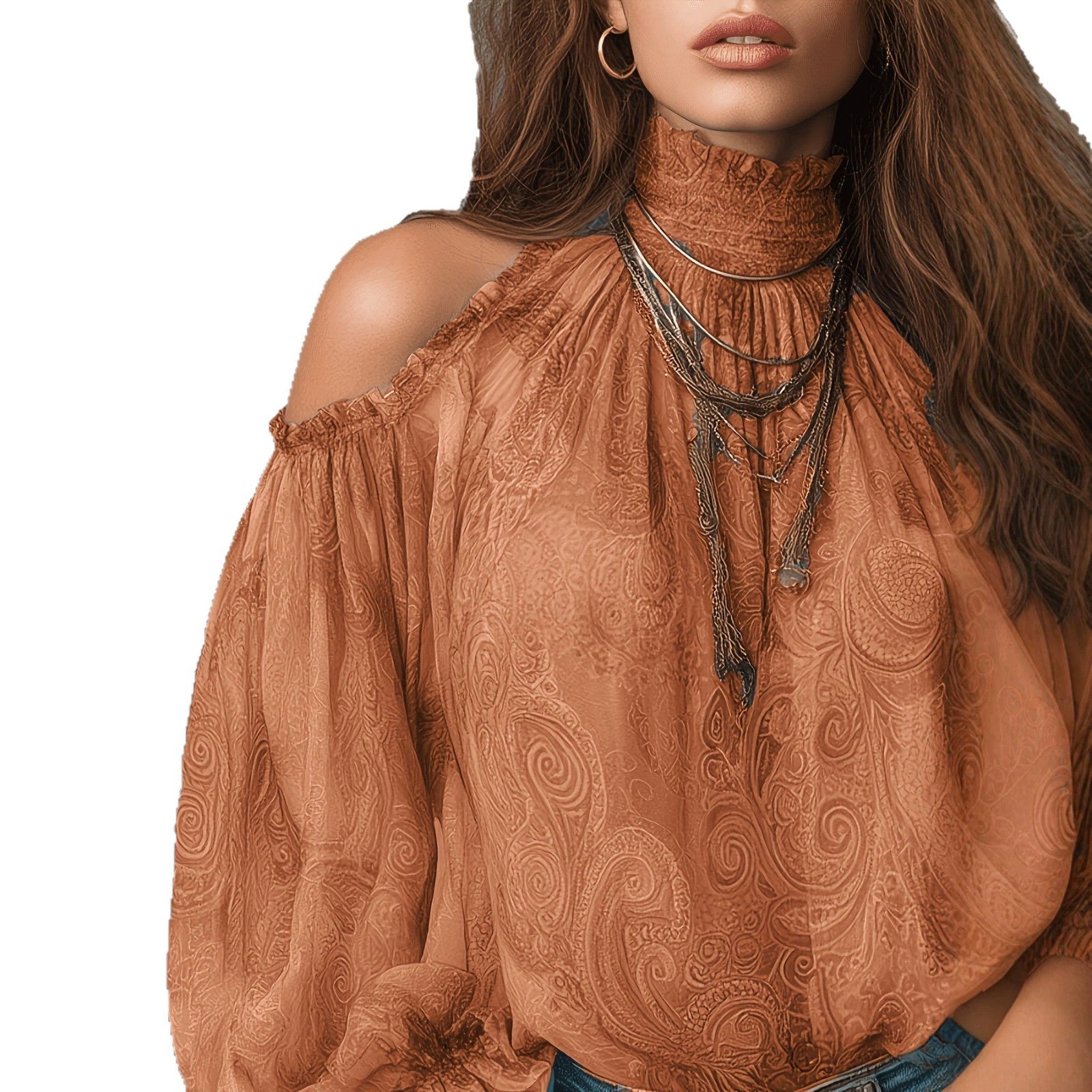 High Neck Ruffle Trim Long Sleeve Chiffon Top
