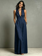 Women's Minimalist Linen-Blend Collared Single-Breasted Sleeveless Maxi Shirt Dress