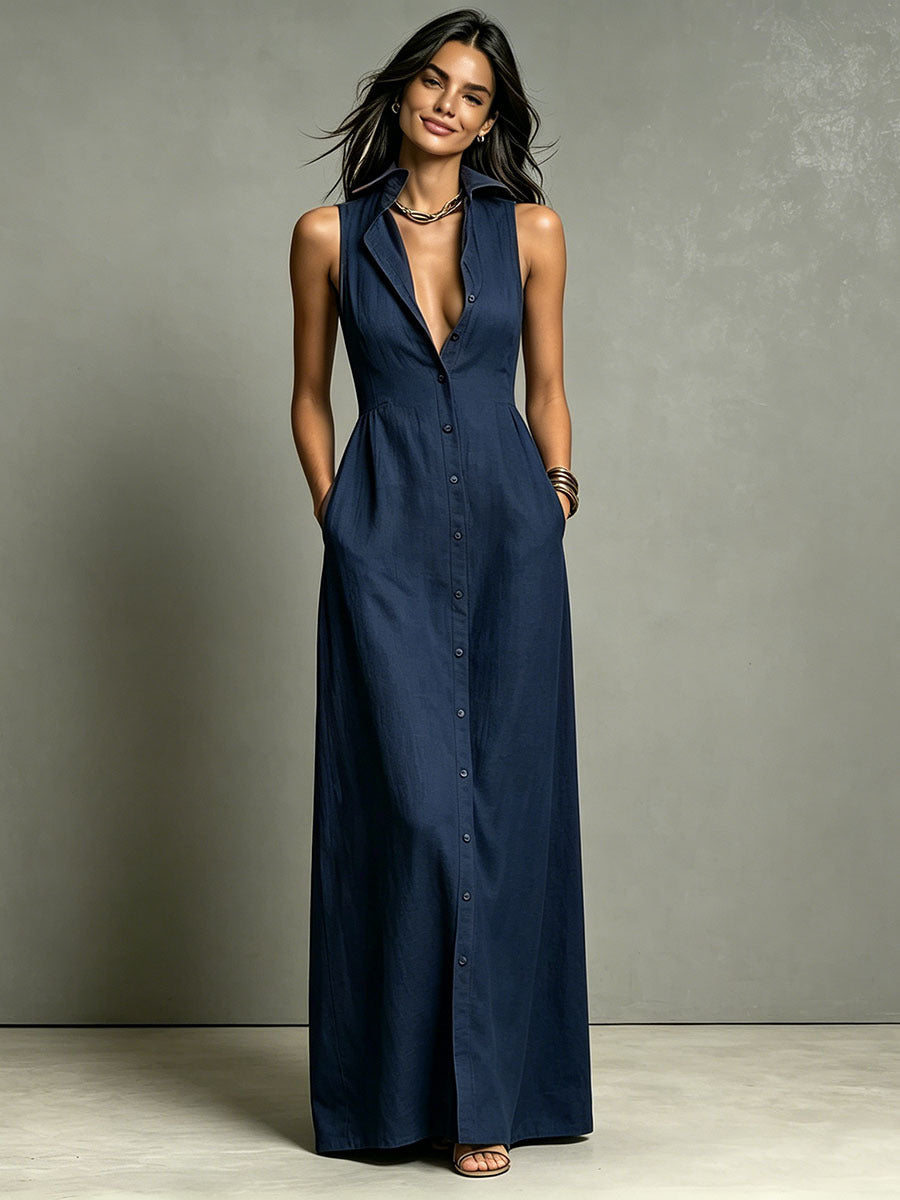 Women's Minimalist Linen-Blend Collared Single-Breasted Sleeveless Maxi Shirt Dress
