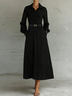 Sheer Sleeve Belted Maxi Shirt Dress
