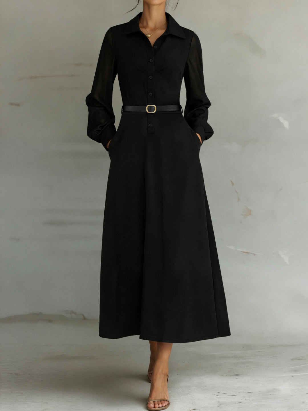 Sheer Sleeve Belted Maxi Shirt Dress