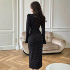 Women Polka‑Dot Lace Trim Long Sleeve Midi Dress