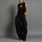 Beige Linen-Blend Smocked-Waist Jumpsuit