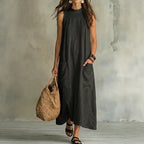 Loose Pocket Sleeveless Linen Blend Maxi Dress