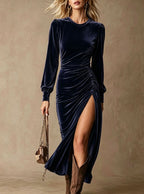 Velvet Ruched Side‑Slit Long‑Sleeve Midi Dress