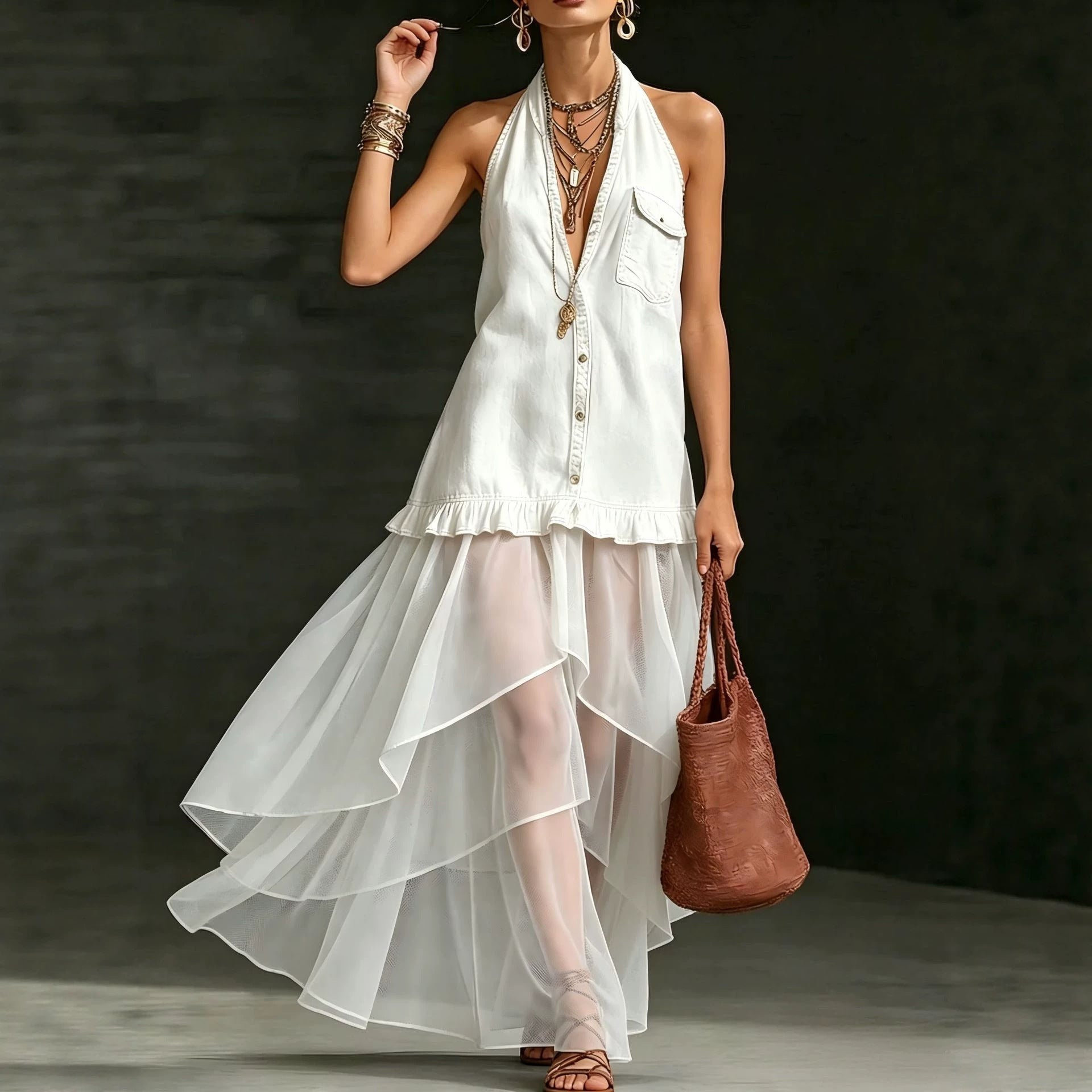 Stylish Elegant Organza-Paneled Denim Maxi Dress