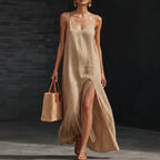 Spaghetti Strap V-Neck High Side Slit Loose Shift Vacation Dress