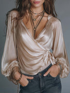V-Neck Balloon Sleeve Tie Waist Elegant Top