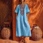 Linen Floral Embroidery V Neck Short Sleeve Midi Kaftan Dress