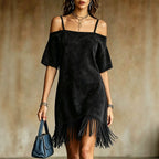 Off Shoulder Spaghetti Strap Suede Fringe Mini Dress