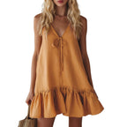 Mustard Tie Front Spaghetti Strap Linen Mini Dress