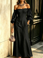 Off‑The‑Shoulder Puff‑Sleeve Linen‑Blend Maxi Dress