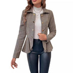 Herringbone Peplum Button‑Front Collared Jacket