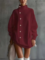Oversized Asymmetric Button Turtleneck Knit Mini Dress