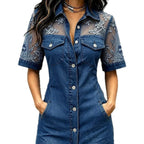 Sheer Mesh Floral Embroidered Denim Mini Dress