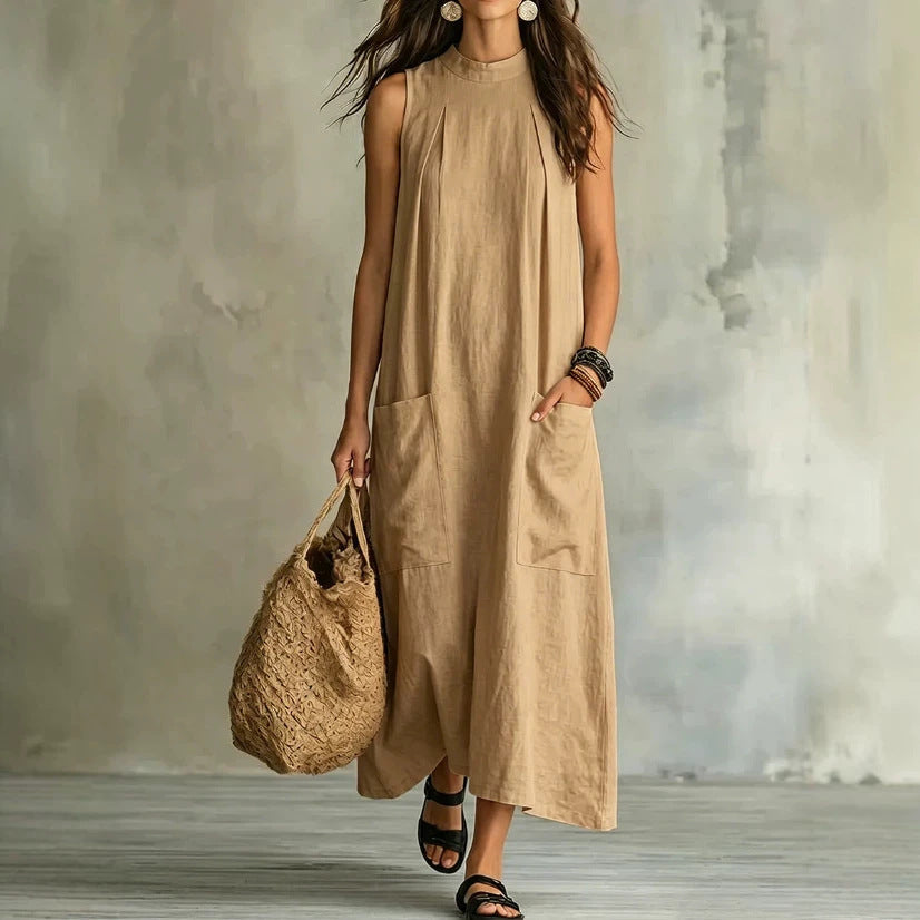 Loose Pocket Sleeveless Linen Blend Maxi Dress
