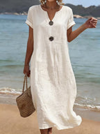 Women's Linen‑Blend Notched Neck Button Detail Maxi Dress