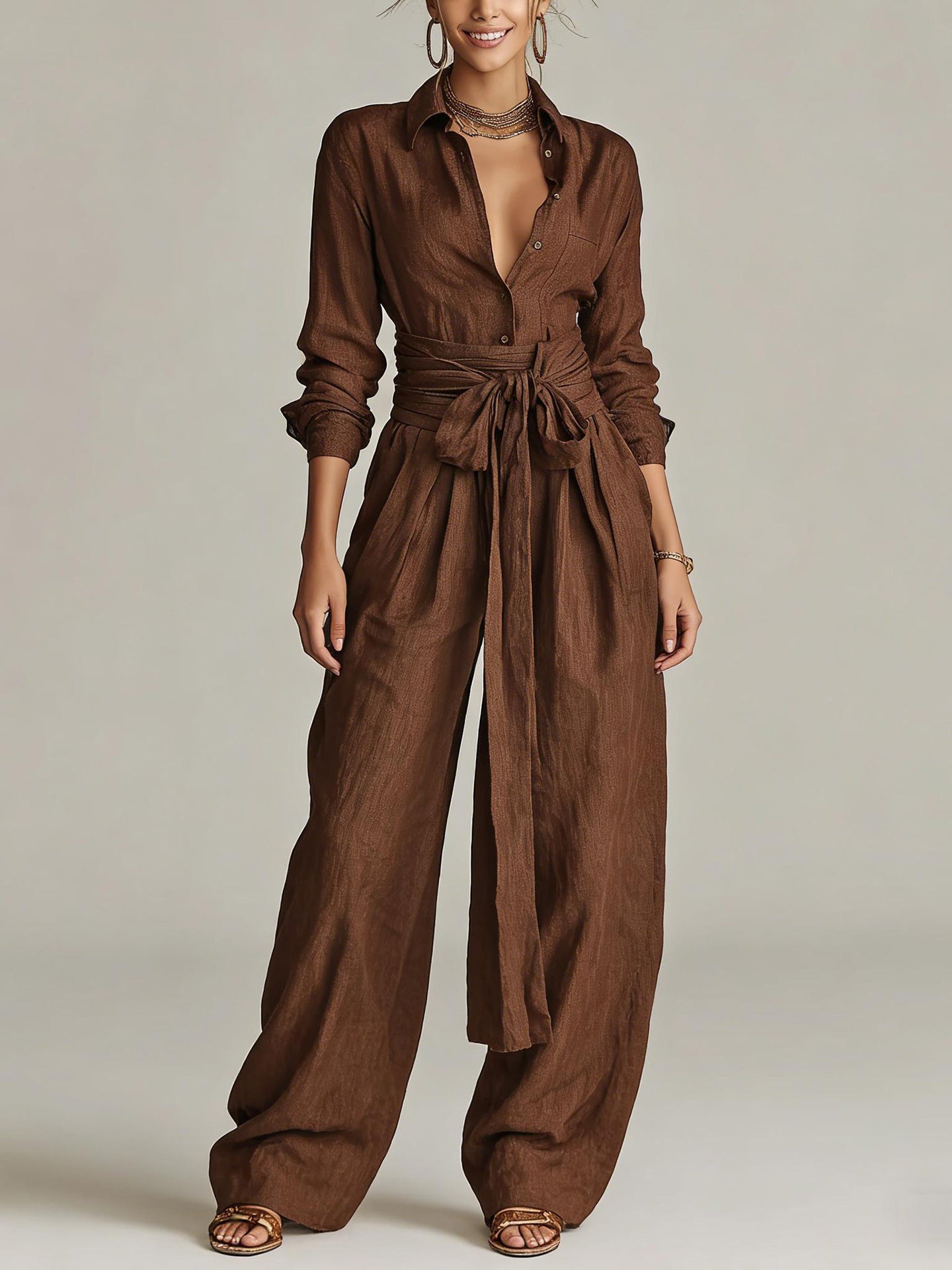 Women'S Shirt‑Style Self‑Tie Belt Wide‑Leg Jumpsuit