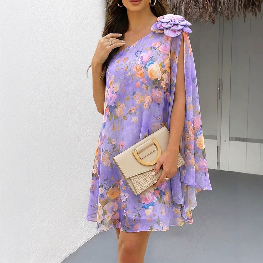 Women's Bright Yellow One Shoulder Chiffon Mini Dress with Floral Applique and Cape Sleeve