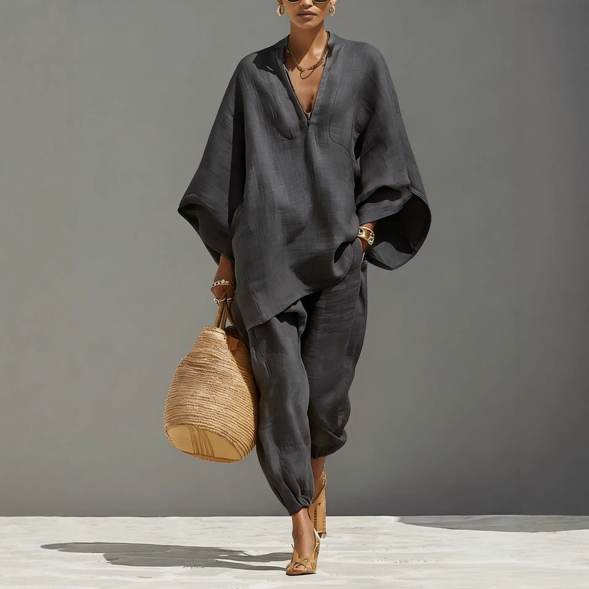 Women's Neutral Linen Set With Asymmetric Hem & Minimalist Design, Sophisticated Daily-Casual Style Set