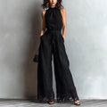 Black Faux Cotton-linen Halter Neck Vest With Tie-up Lace-trimmed Wide-leg Pants Set