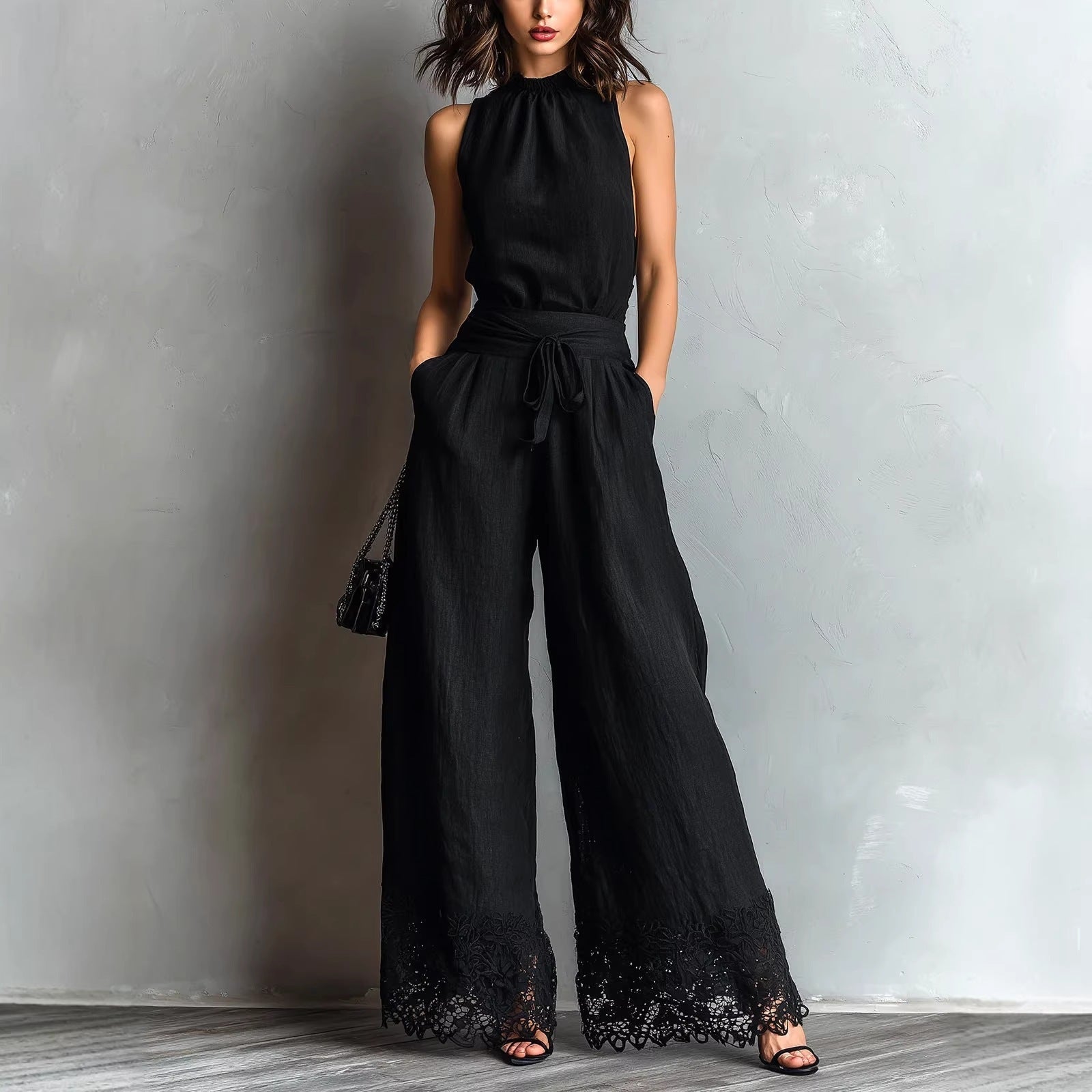 Black Faux Cotton-linen Halter Neck Vest With Tie-up Lace-trimmed Wide-leg Pants Set