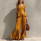 Mustard Linen-Blend Peplum Top & Ruffled Wide-Leg Pants Set