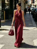 Women'S Halter V‑Neck Drawstring Waist Maxi Dress