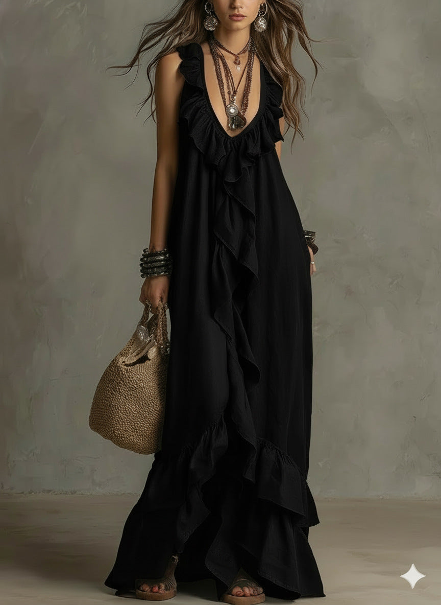 Casual Bohemian Urban V-Neck Short-Sleeved Ruffle Retro Dress