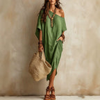 Slanted Shoulder Cotton And Linen Dress Women'S Loose Bat Sleeves Mid-Length Slit Holiday Dress