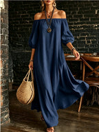 Women White Off‑Shoulder Balloon Sleeve Flowy Maxi Dress