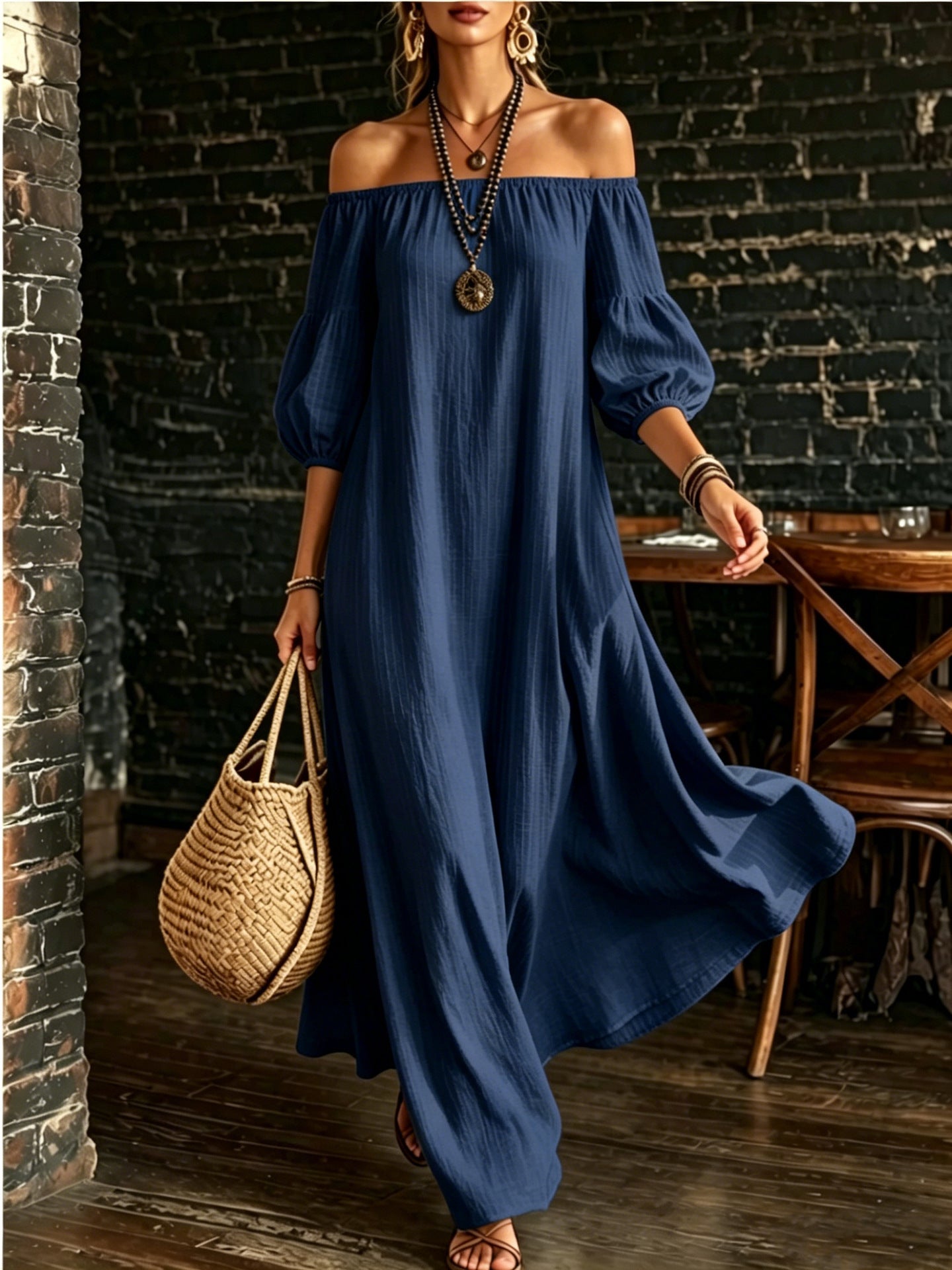 Women White Off‑Shoulder Balloon Sleeve Flowy Maxi Dress