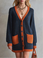 Women’s Oversized Contrast Trim Long Sleeve Chunky Knit Cardigan