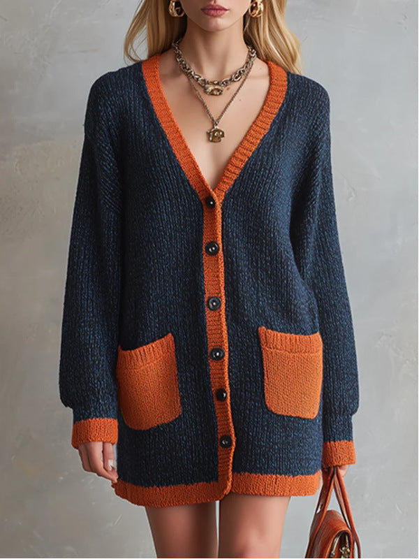 Women’s Oversized Contrast Trim Long Sleeve Chunky Knit Cardigan