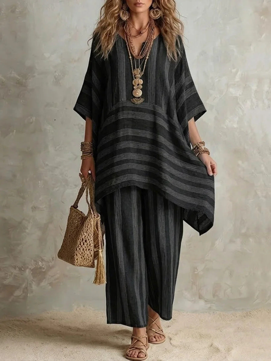 V-Neck Loose Striped Casual Two-Piece Suit