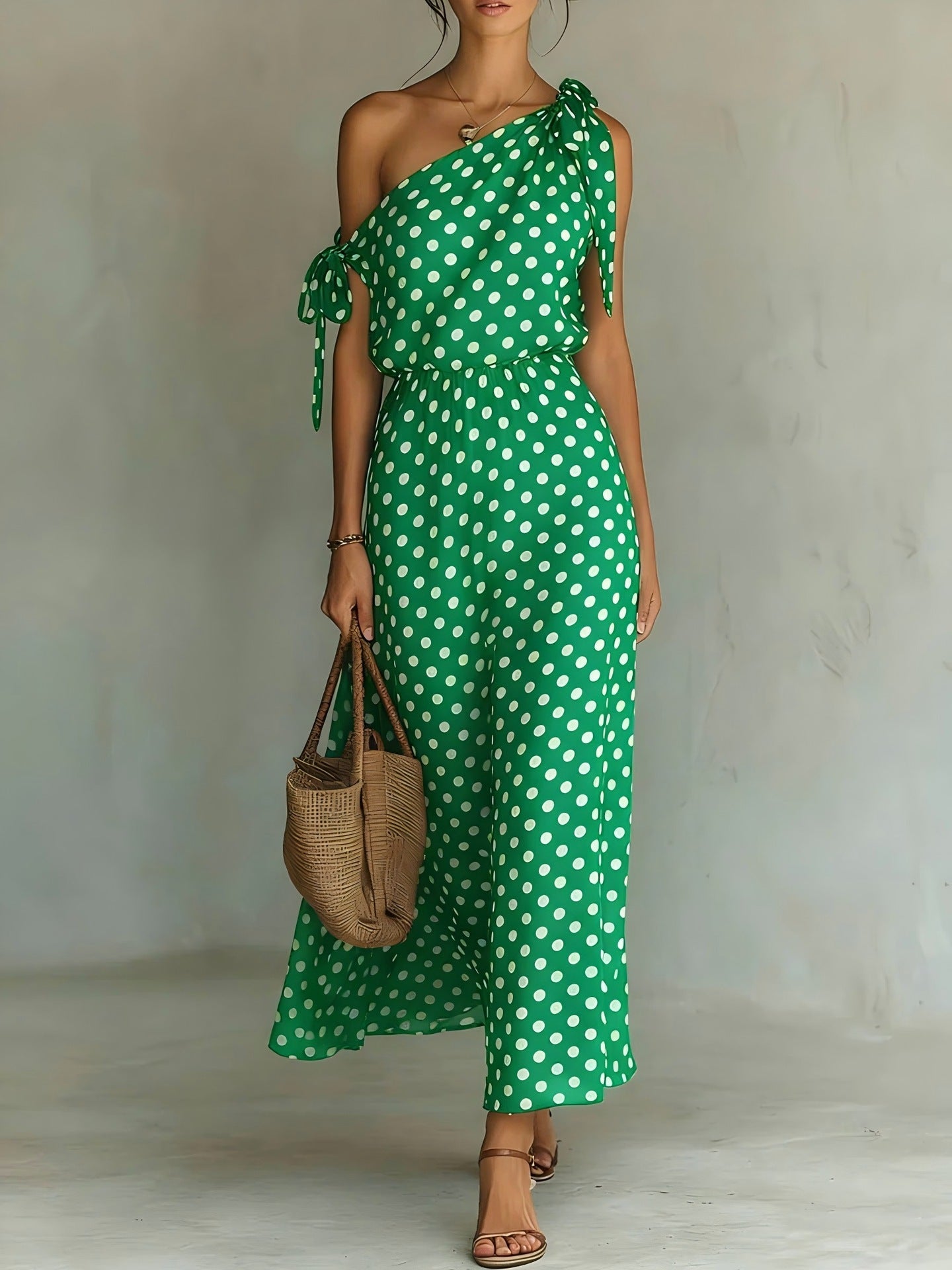 Women's Polka Dot One-Shoulder Maxi Dress