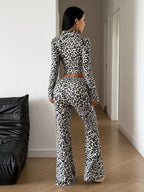 Leopard Print Zip Up Long Sleeve Crop Top & Flared Pants Two Piece Set
