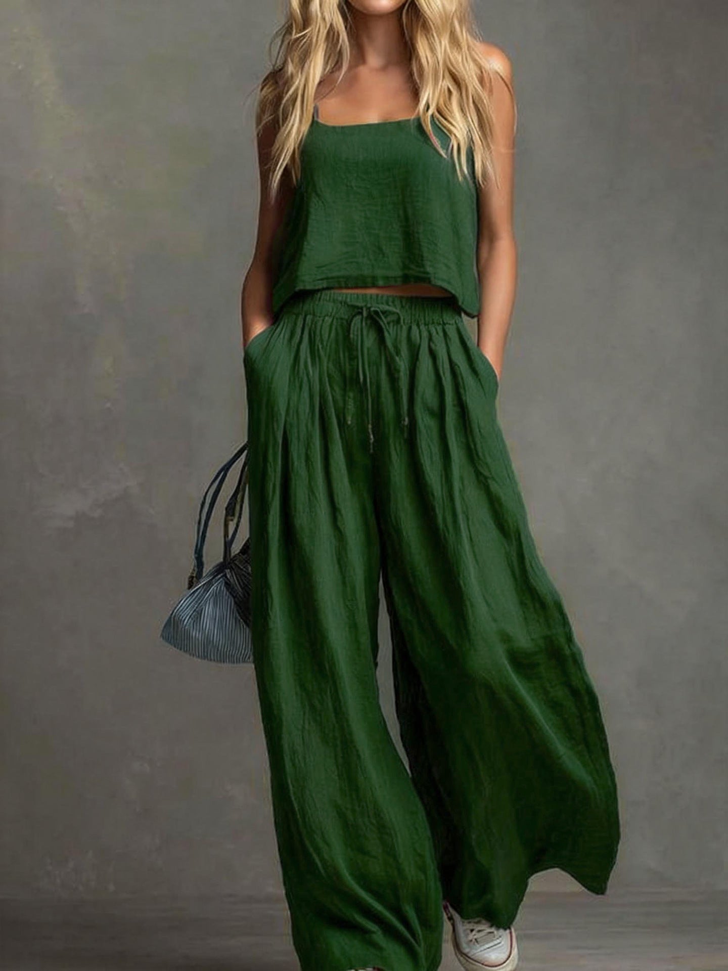 Solid Color Casual Cotton And Linen Suspender Tops Wide-Leg Pants Suit