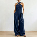 Crisscross Halter Keyhole Cutout High Waist Wide Leg Pantsuit with Pockets