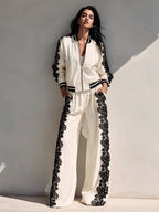 Bomber Jacket & Wide‑Leg Pants Two‑Piece Set with Black Lace Trim