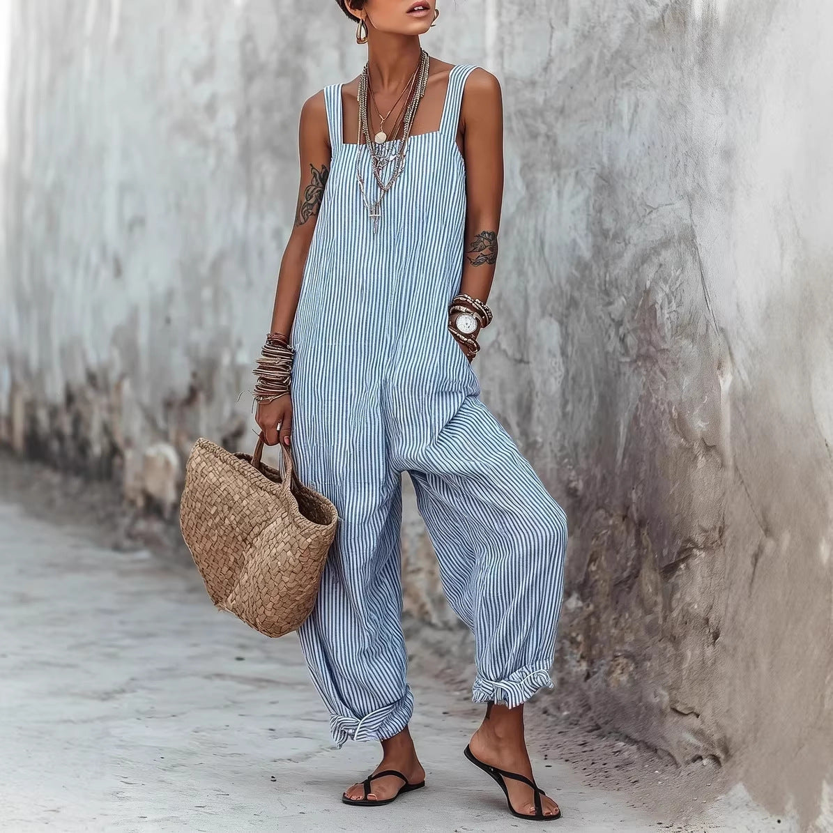Square Spaghetti Strap Loose Baggy Balloon Leg Ruffle Ankle Casual Vacation Overalls