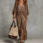 Women's Leopard Print Knot-Front Maxi Kaftan Dress - Flowy V-Neck Chiffon Cover-Up