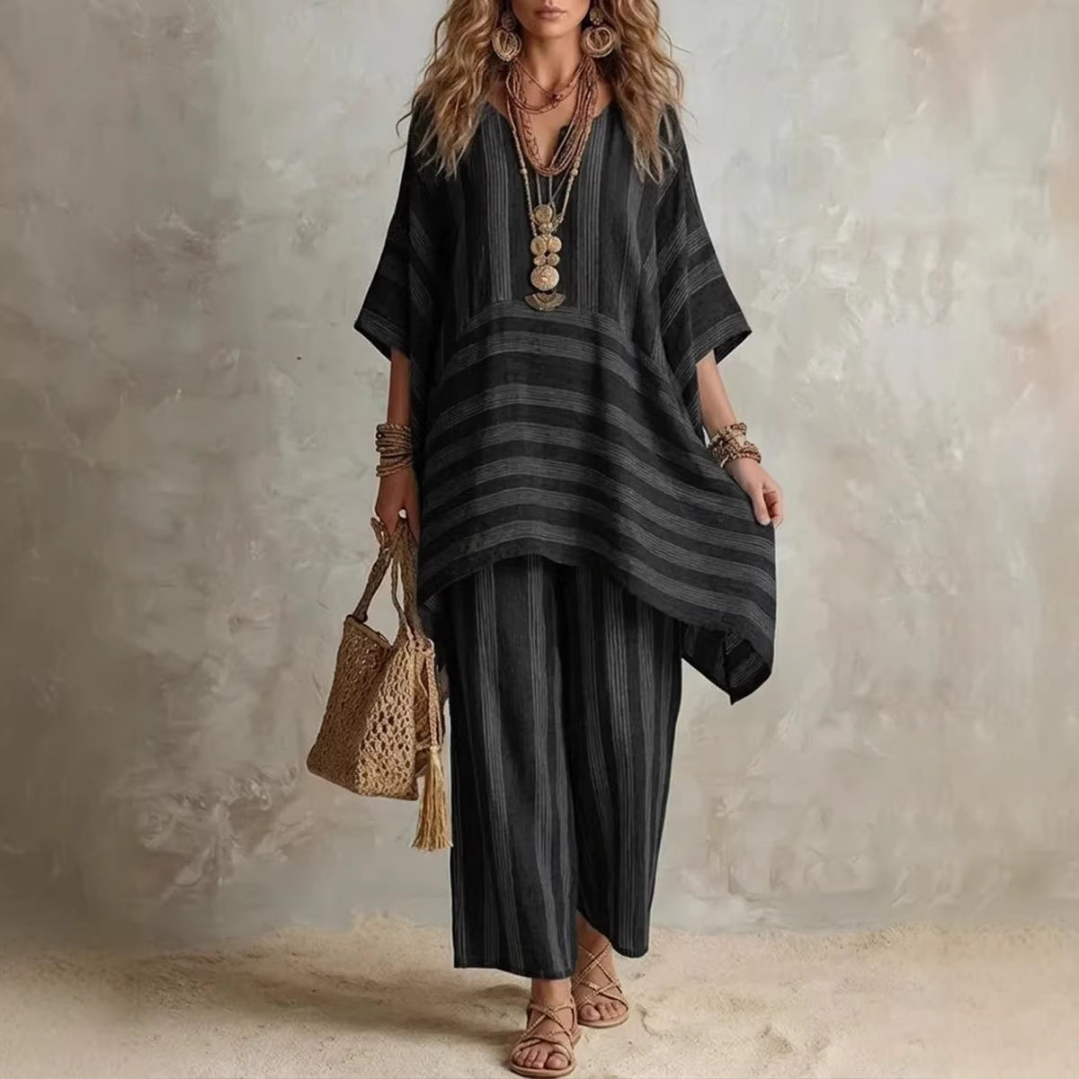 V-Neck Loose Striped Casual Two-Piece Suit