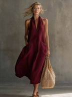 Relaxed Halter Neck Linen Midi Dress with Pockets