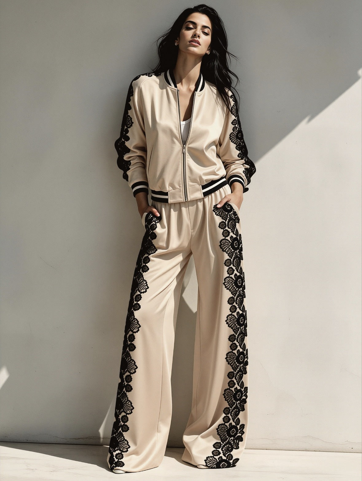 Bomber Jacket & Wide‑Leg Pants Two‑Piece Set with Black Lace Trim