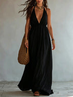 Halter Deep V Gathered Empire Waist Flowy Chiffon Maxi Dress