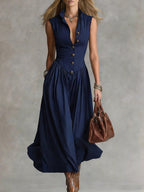 French Elegant Goddess Style Slim Fit Lapel Long Sleeveless Dress For Women