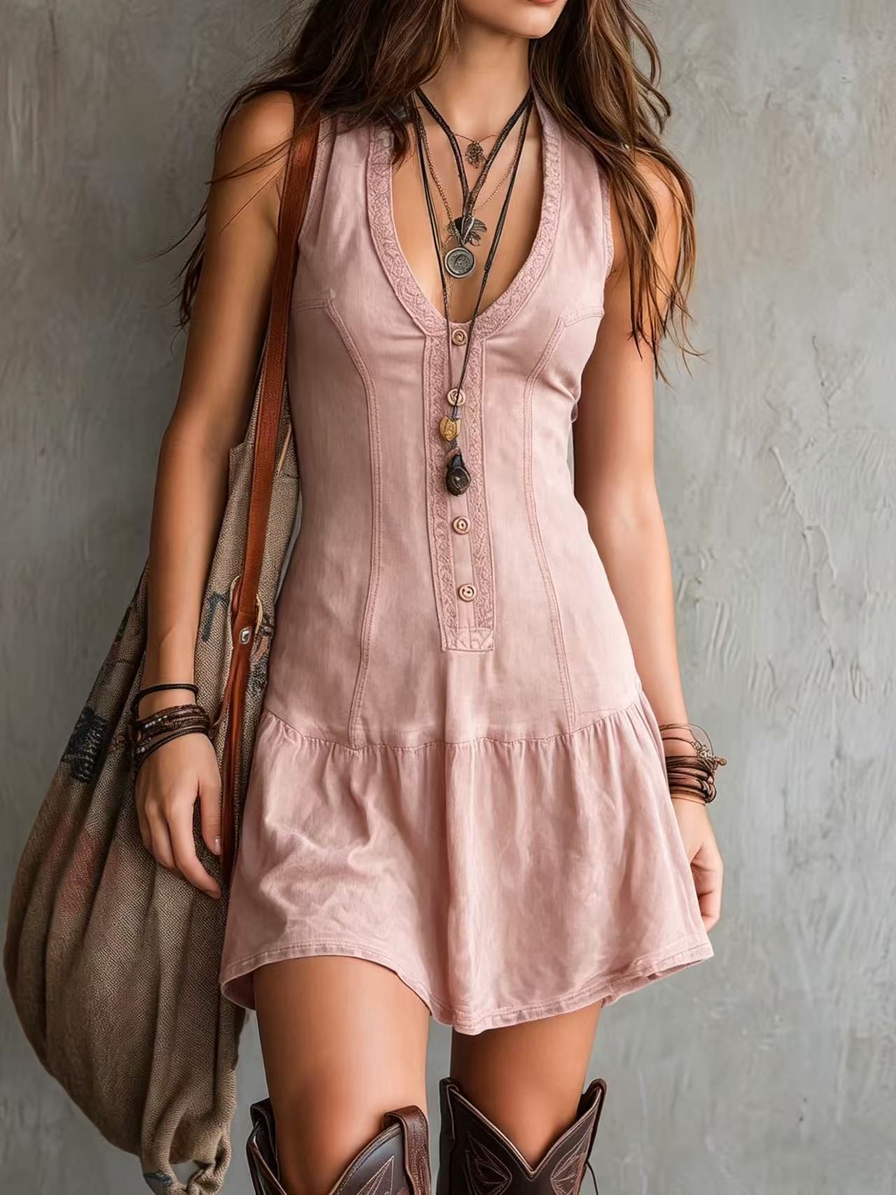 Women's Sleeveless U-neck Button Embellishments Dress