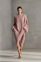 Women's Cream Textured Knit Oversized Long Sleeve Slit Maxi Sweater Dress